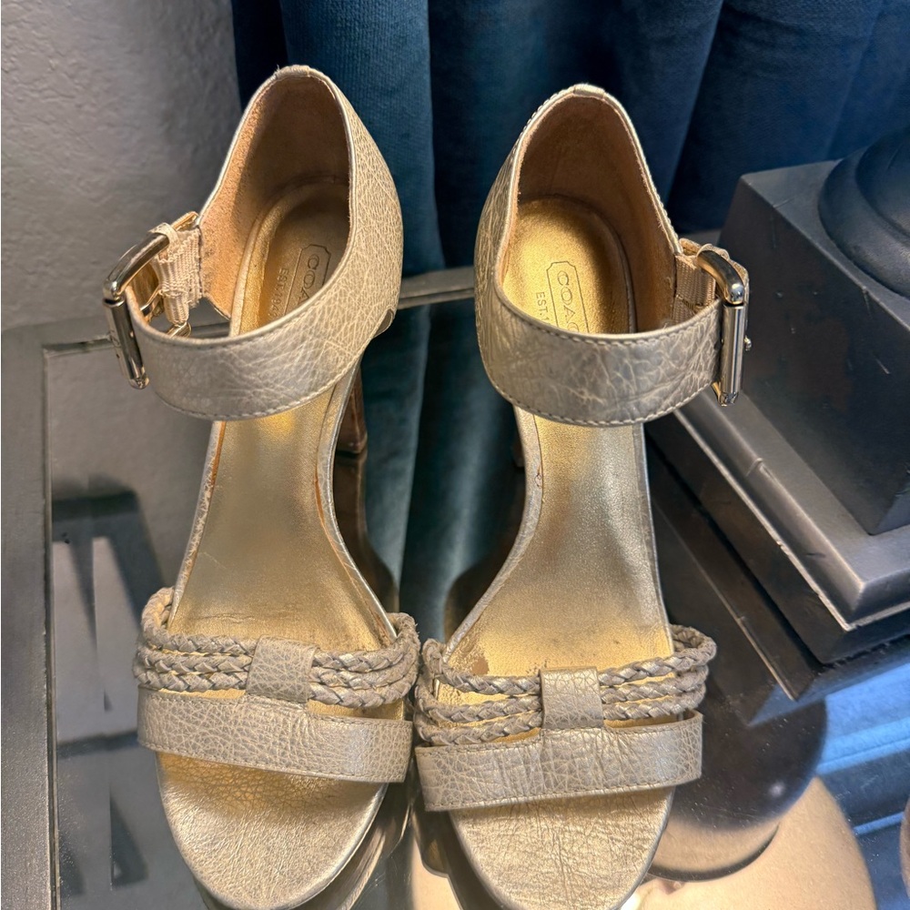 Coach Metallic Gold Braided Ankle-Strap Heels